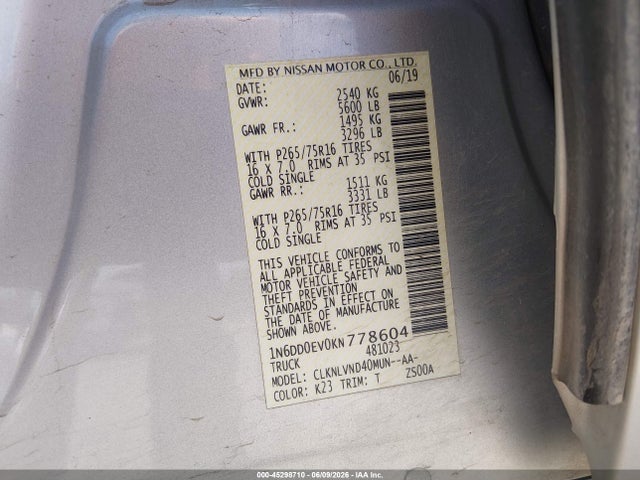 1N6DD0EV0KN778604 Nissan Frontier Pro-4x