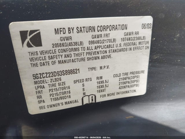 45298714 :رقم المزاد ، 5GZCZ23D93S898621 vin ، 2003 Saturn Vue 4 Cyl مزاد بيع