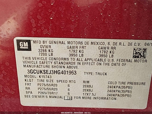 45298724 :رقم المزاد ، 3GCUKSEJ3HG401963 vin ، 2017 Chevrolet Silverado 1500 2lz مزاد بيع