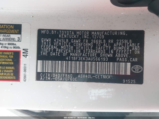 Aukcja sprzedaży 2010 Toyota Camry Le, vin: 4T1BF3EK3AU566193, numer aukcji: 45298731