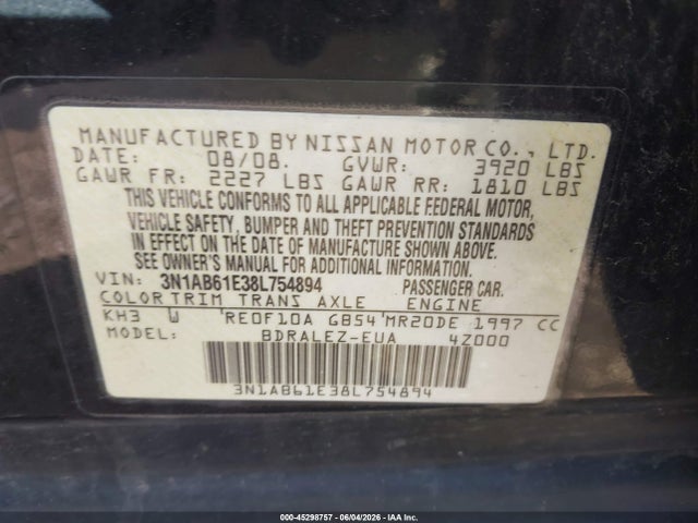 Продаж на аукціоні авто 2008 Nissan Sentra 2.0s, vin: 3N1AB61E38L754894, номер лоту: 45298757