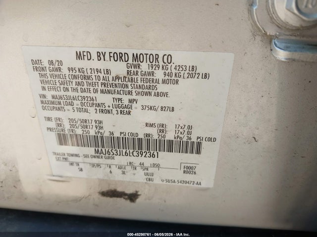 2020 Ford Ecosport Ses მანქანა იყიდება აუქციონზე, vin: MAJ6S3JL6LC392361, აუქციონის ნომერი: 45298761