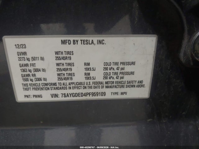 Продажа на аукционе авто 2023 Tesla Model Y Rwd, vin: 7SAYGDED4PF959109, номер лота: 45298767