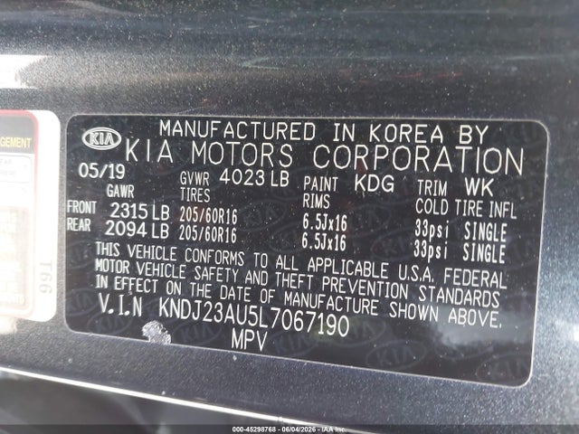 45298768 :رقم المزاد ، KNDJ23AU5L7067190 vin ، 2020 Kia Soul Lx مزاد بيع