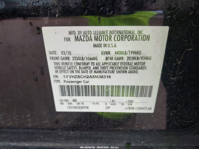 Aukcja sprzedaży 2010 Mazda Mazda6 I Grand Touring, vin: 1YVHZ8CH2A5M38316, numer aukcji: 45298769