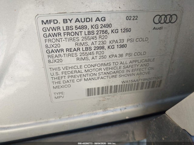 Aukcja sprzedaży 2022 Audi Q5 Sportback Premium Plus 45 Tfsi S Line Quattro S Tronic, vin: WA15AAFY9N2071001, numer aukcji: 45298773