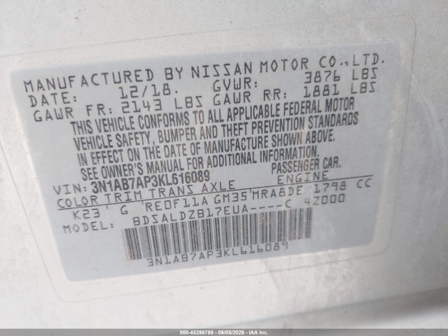 3N1AB7AP3KL616089 Nissan SENTRA SV