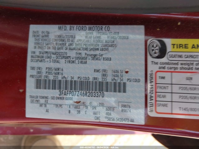 45298792 :رقم المزاد ، 3FAFP07Z46R203370 vin ، 2006 Ford Fusion Se مزاد بيع