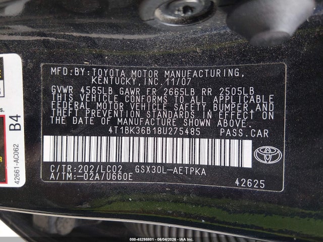Продажа на аукционе авто 2008 Toyota Avalon Limited, vin: 4T1BK36B18U275485, номер лота: 45298801