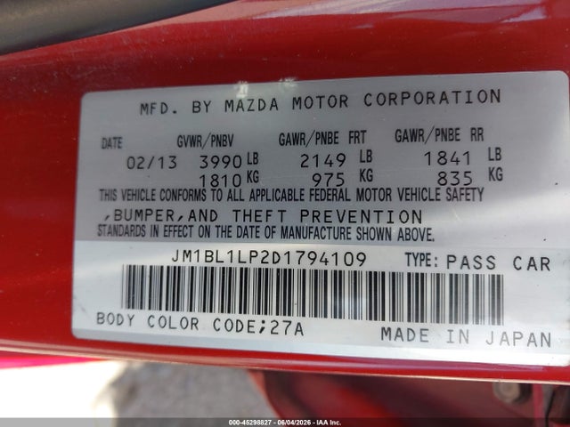 45298827 :رقم المزاد ، JM1BL1LP2D1794109 vin ، 2013 Mazda Mazda3 I Touring مزاد بيع