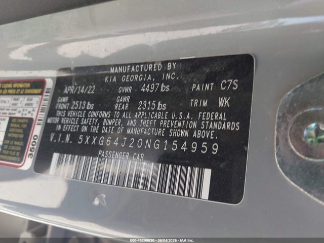 Aukcja sprzedaży 2022 Kia K5 Gt-line, vin: 5XXG64J20NG154959, numer aukcji: 45298830