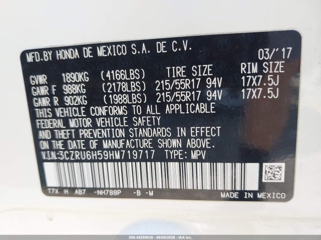 3CZRU6H59HM719717 Honda HR-V EX
