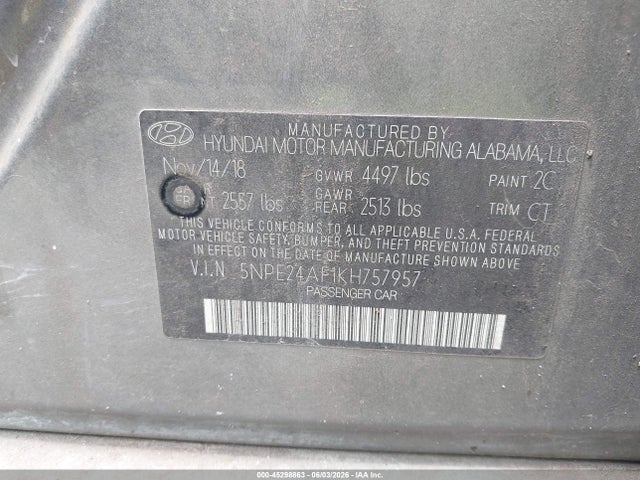 Продажа на аукционе авто 2019 Hyundai Sonata Se, vin: 5NPE24AF1KH757957, номер лота: 45298863