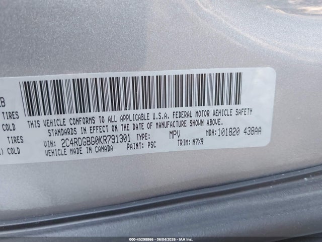 Aukcja sprzedaży 2019 Dodge Grand Caravan Se Plus, vin: 2C4RDGBG0KR791301, numer aukcji: 45298866