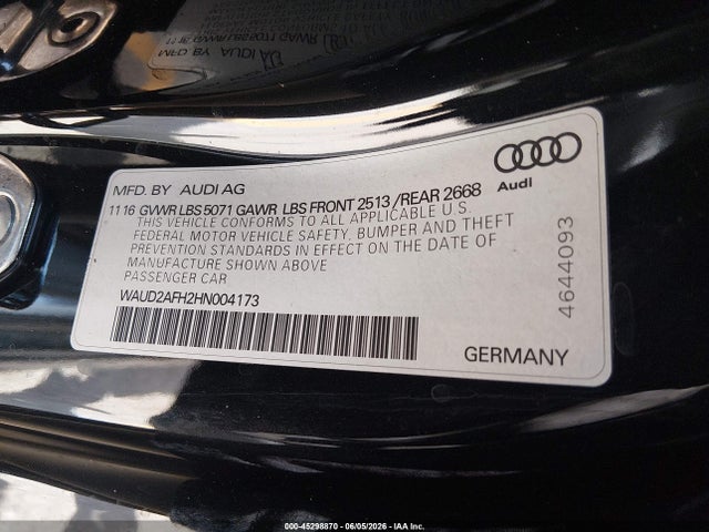 45298870 :رقم المزاد ، WAUD2AFH2HN004173 vin ، 2017 Audi A5 Cabriolet Sport مزاد بيع
