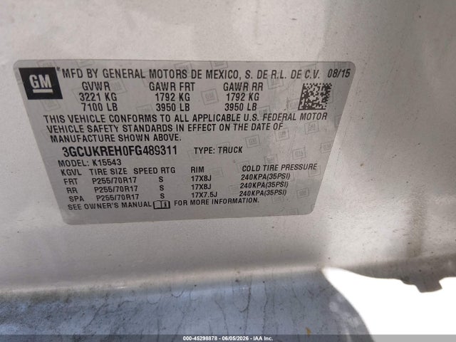 Продажа на аукционе авто 2015 Chevrolet Silverado 1500 1lt, vin: 3GCUKREH0FG489311, номер лота: 45298878