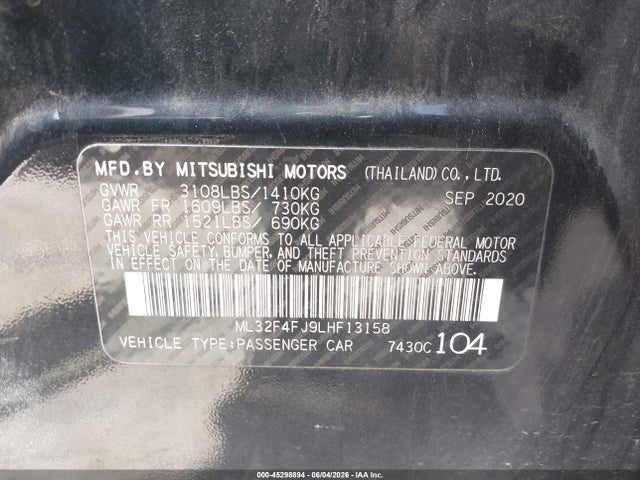 2020 Mitsubishi Mirage G4 Le/se მანქანა იყიდება აუქციონზე, vin: ML32F4FJ9LHF13158, აუქციონის ნომერი: 45298894