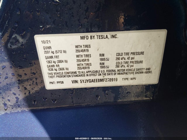 Продажа на аукционе авто 2021 Tesla Model Y Long Range Dual Motor All-wheel Drive, vin: 5YJYGAEE8MF278919, номер лота: 45298912