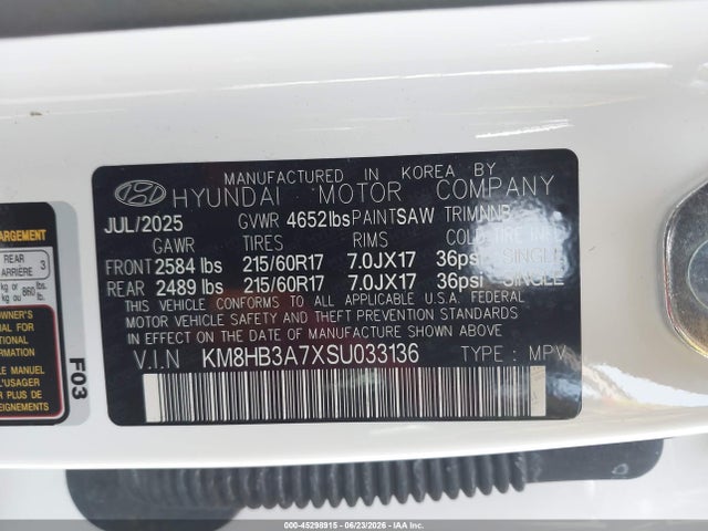 45298915 :رقم المزاد ، KM8HB3A7XSU033136 vin ، 2025 Hyundai Kona Electric Se مزاد بيع