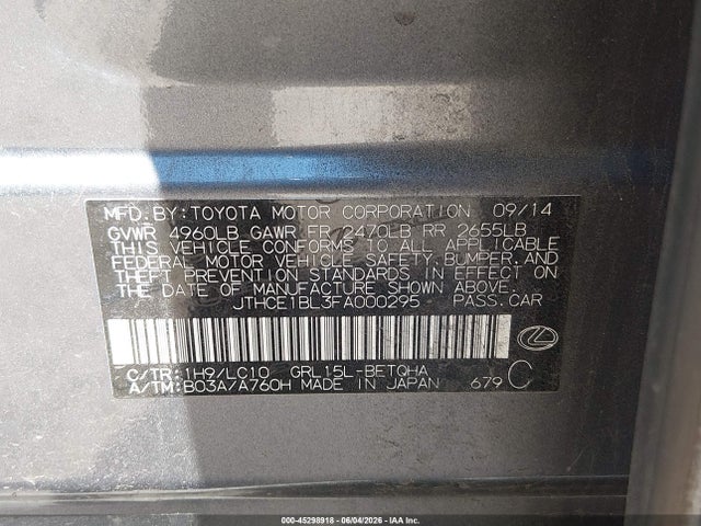 45298918 :رقم المزاد ، JTHCE1BL3FA000295 vin ، 2015 Lexus Gs 350 مزاد بيع