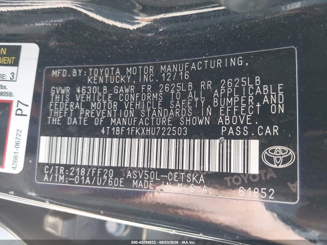 Aukcja sprzedaży 2017 Toyota Camry Se, vin: 4T1BF1FKXHU722503, numer aukcji: 45298933