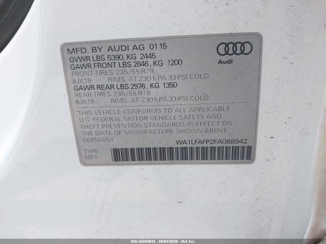 Aukcja sprzedaży 2015 Audi Q5 2.0t Premium, vin: WA1LFAFP2FA088942, numer aukcji: 45298943