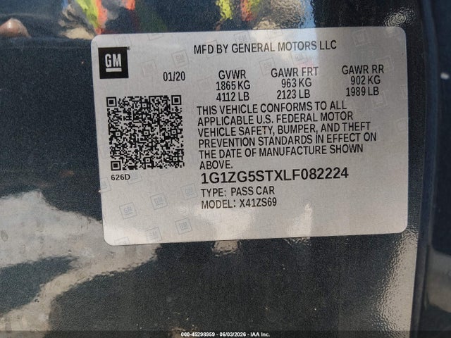 45298959 :رقم المزاد ، 1G1ZG5STXLF082224 vin ، 2020 Chevrolet Malibu Fwd Rs مزاد بيع