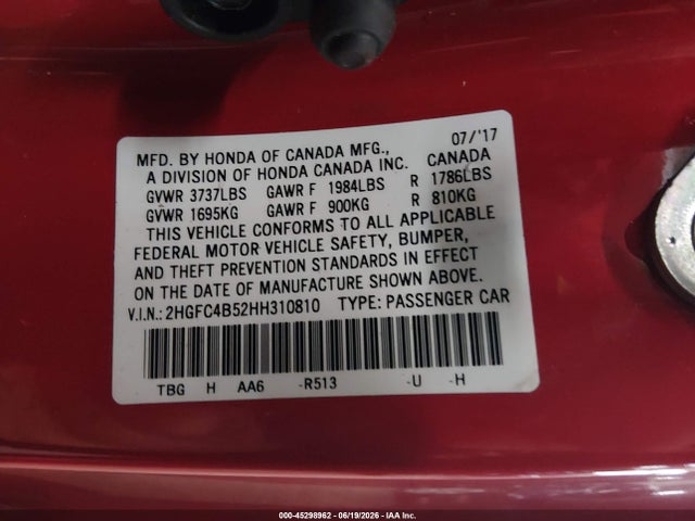 Aukcja sprzedaży 2017 Honda Civic Lx, vin: 2HGFC4B52HH310810, numer aukcji: 45298962