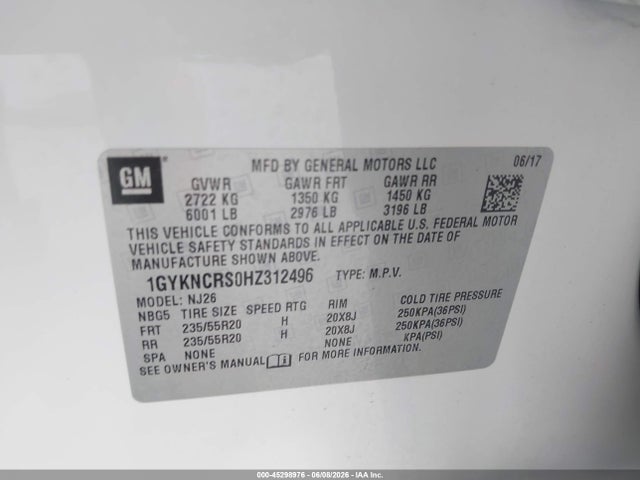 2017 Cadillac Xt5 Premium Luxury მანქანა იყიდება აუქციონზე, vin: 1GYKNCRS0HZ312496, აუქციონის ნომერი: 45298976