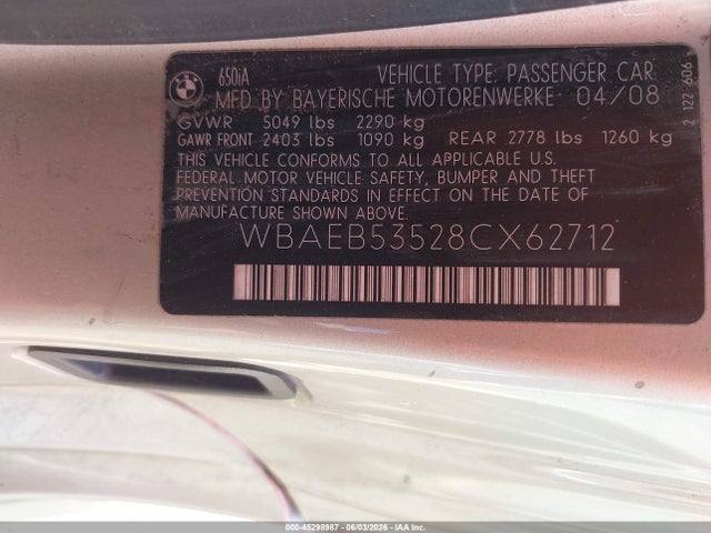Продаж на аукціоні авто 2008 Bmw 650i, vin: WBAEB53528CX62712, номер лоту: 45298987
