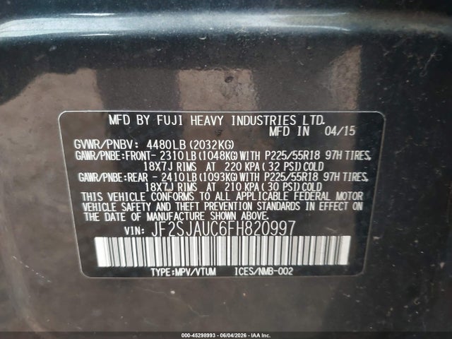Auction sale of the 2015 Subaru Forester 2.5i Touring, vin: JF2SJAUC6FH820997, lot number: 45298993