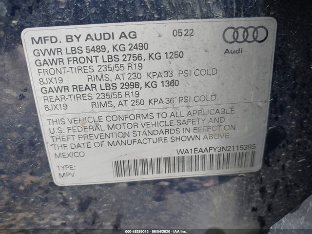 Продажа на аукционе авто 2022 Audi Q5 Premium Plus 45 Tfsi S Line Quattro S Tronic, vin: WA1EAAFY3N2115395, номер лота: 45299013