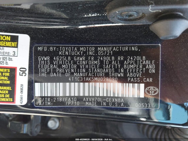 Продаж на аукціоні авто 2021 Toyota Camry Le Hybrid, vin: 4T1C31AK5MU028090, номер лоту: 45299025