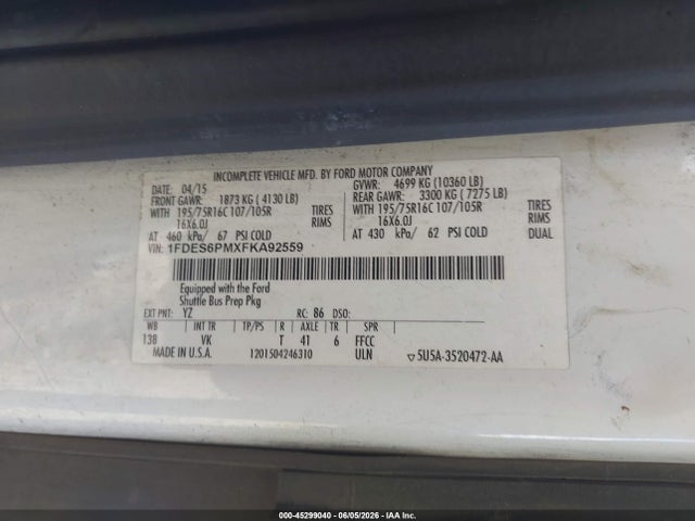 Продаж на аукціоні авто 2015 Ford Transit-350 Cutaway, vin: 1FDES6PMXFKA92559, номер лоту: 45299040