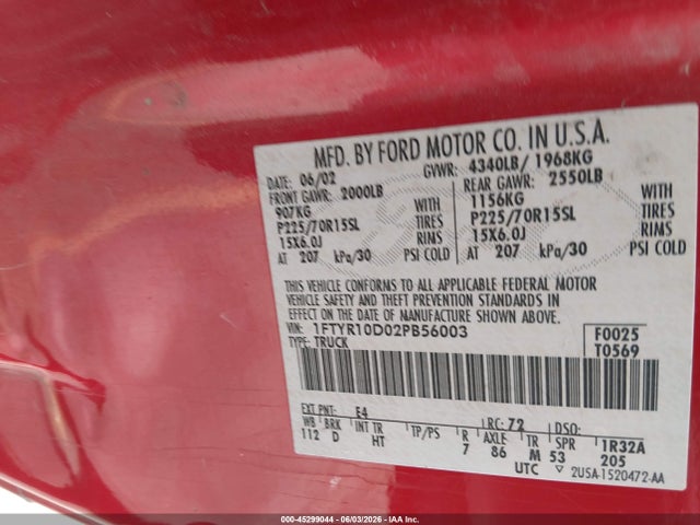 Продажа на аукционе авто 2002 Ford Ranger Xl/xlt, vin: 1FTYR10D02PB56003, номер лота: 45299044