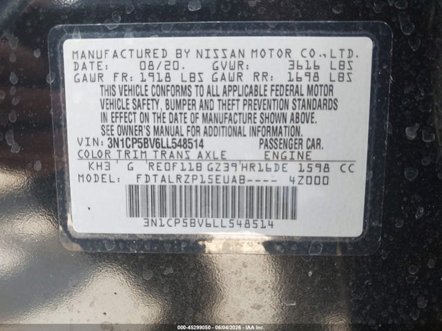 3N1CP5BV6LL548514 Nissan Kicks S Xtronic Cvt