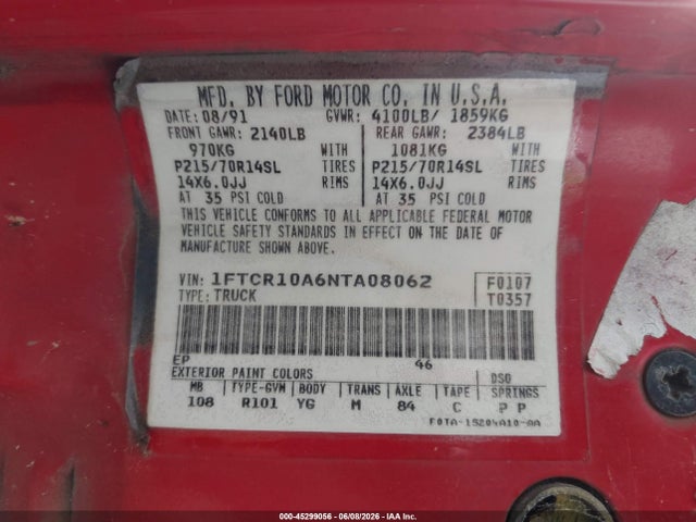 45299056 :رقم المزاد ، 1FTCR10A6NTA08062 vin ، 1992 Ford Ranger مزاد بيع