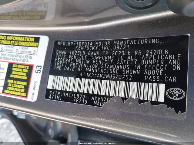 4T1K31AK3NU573752 Toyota Camry Xse Hybrid