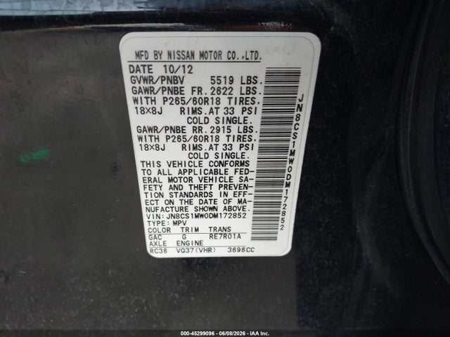 Продаж на аукціоні авто 2013 Infiniti Fx37, vin: JN8CS1MW0DM172852, номер лоту: 45299096