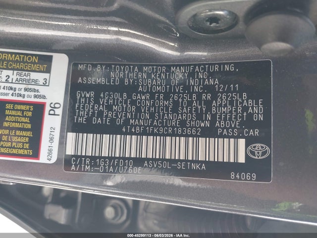Aukcja sprzedaży 2012 Toyota Camry Le, vin: 4T4BF1FK9CR183662, numer aukcji: 45299113