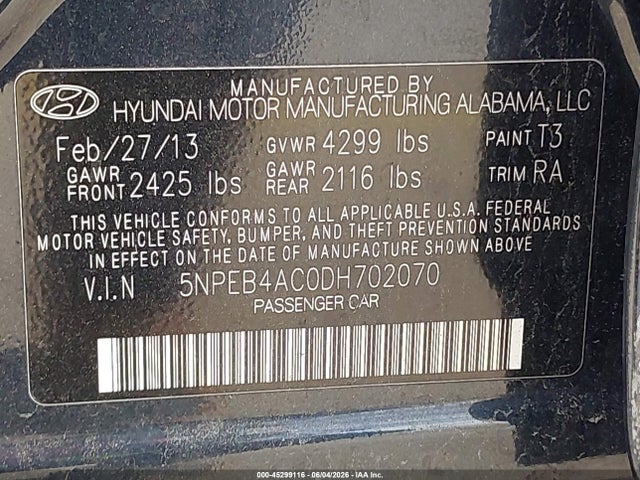 Продажа на аукционе авто 2013 Hyundai Sonata Gls, vin: 5NPEB4AC0DH702070, номер лота: 45299116