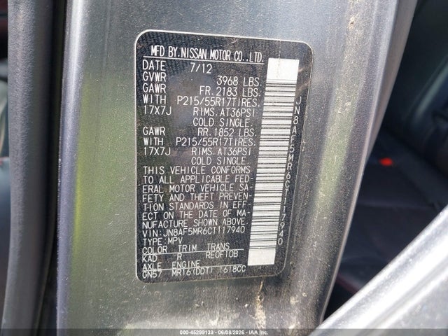 Aukcja sprzedaży 2012 Nissan Juke Sl, vin: JN8AF5MR6CT117940, numer aukcji: 45299139