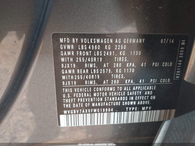 Aukcja sprzedaży 2015 Volkswagen Tiguan R-line, vin: WVGBV7AX5FW019904, numer aukcji: 45299145