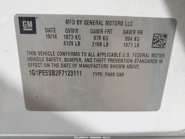 45299147 :رقم المزاد ، 1G1PE5SB2F7123111 vin ، 2015 Chevrolet Cruze 2lt Auto مزاد بيع