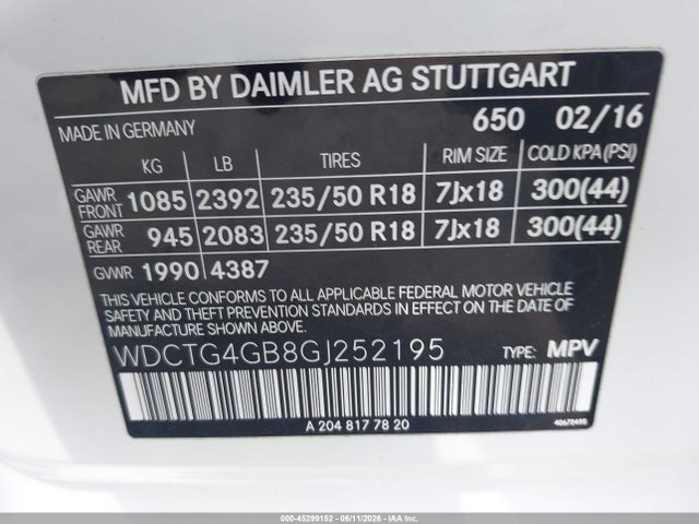 45299152 :رقم المزاد ، WDCTG4GB8GJ252195 vin ، 2016 Mercedes-benz Gla 250 4matic مزاد بيع