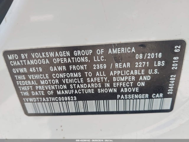 2017 Volkswagen Passat 1.8t R-line მანქანა იყიდება აუქციონზე, vin: 1VWDT7A37HC009523, აუქციონის ნომერი: 45299162