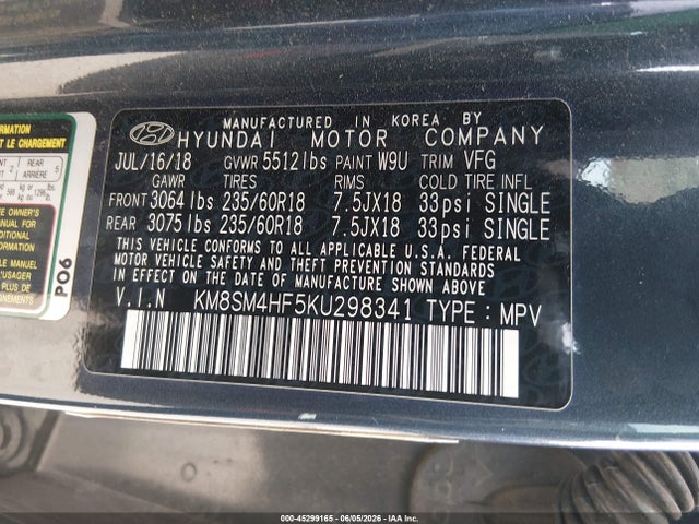 KM8SM4HF5KU298341 Hyundai Santa Fe Xl Se