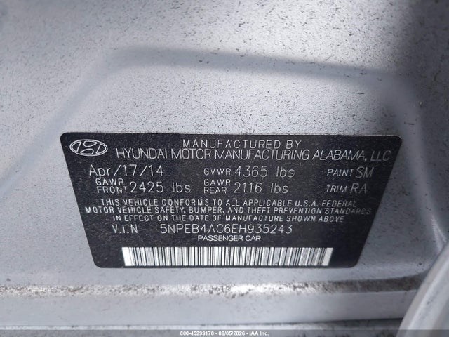 45299170 :رقم المزاد ، 5NPEB4AC6EH935243 vin ، 2014 Hyundai Sonata Gls مزاد بيع