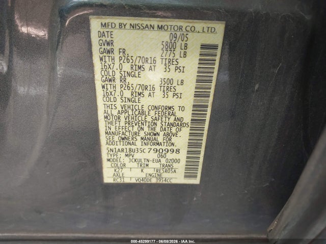 Aukcja sprzedaży 2005 Nissan Pathfinder Se, vin: 5N1AR18U35C790998, numer aukcji: 45299177