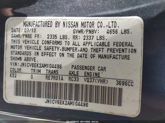 45299178 :رقم المزاد ، JN1CV6EK2AM104496 vin ، 2010 Infiniti G37 Journey مزاد بيع